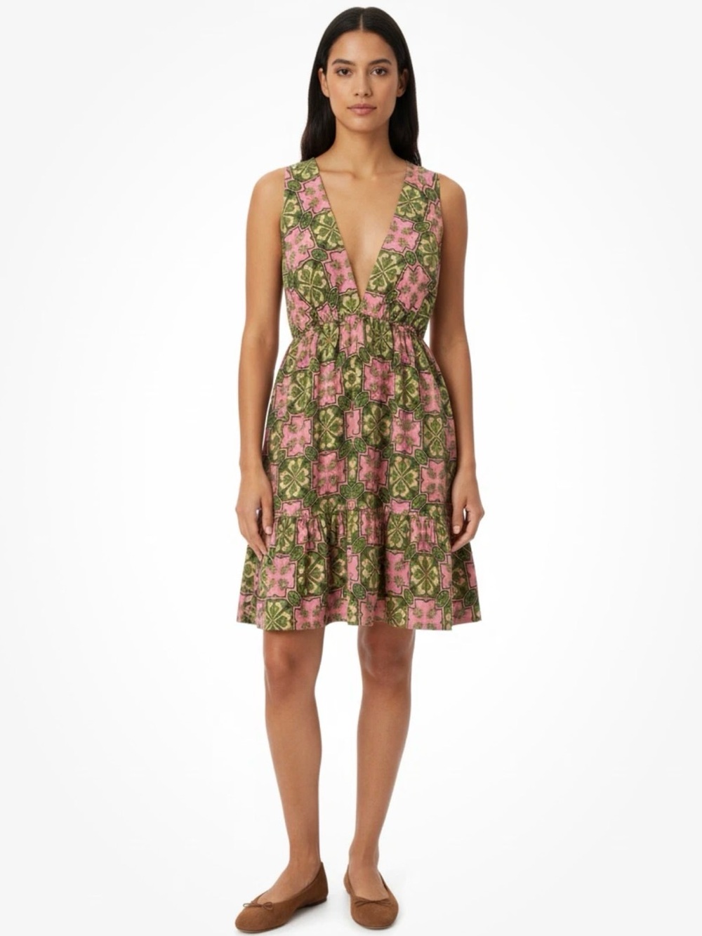 SALE! House of Harlow 1960 Pink and Olive Linen Blend V-Neck Mini Dress